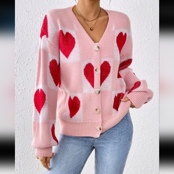 Women's Drop Shoulder Long Sleeve Casual Valentine's Day Heart Cardigan - Picture 5 of 5